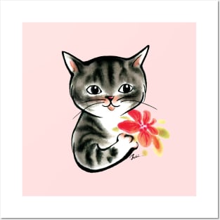 Cat with flower to mom Posters and Art